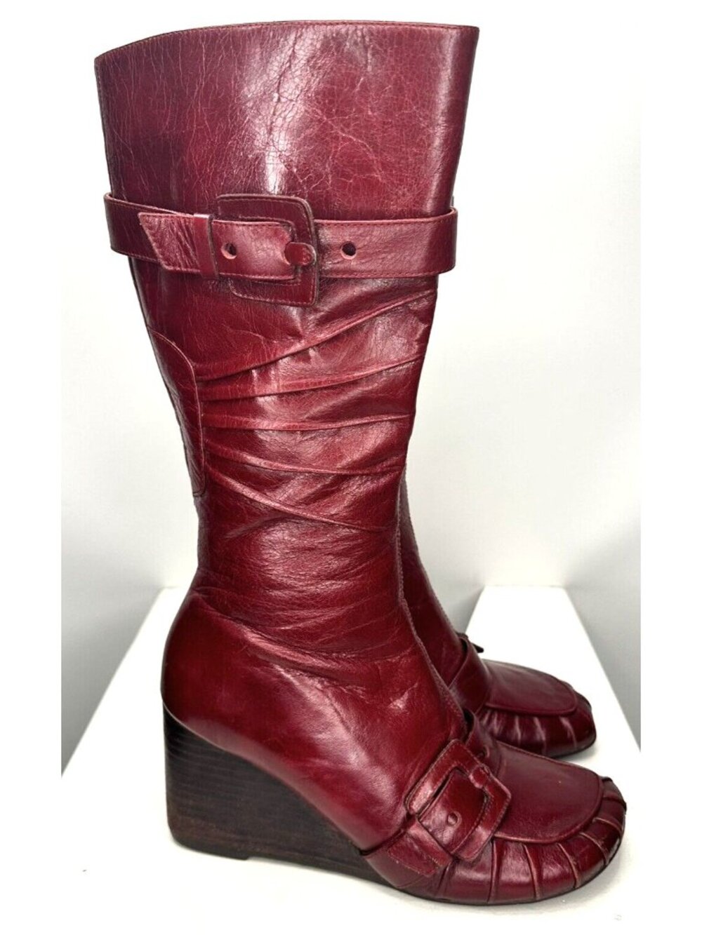 Miz Mooz Broadway Red Leather Knee High Wedge Boots Womens 6 Zip Boho Witchy - Picture 6 of 13